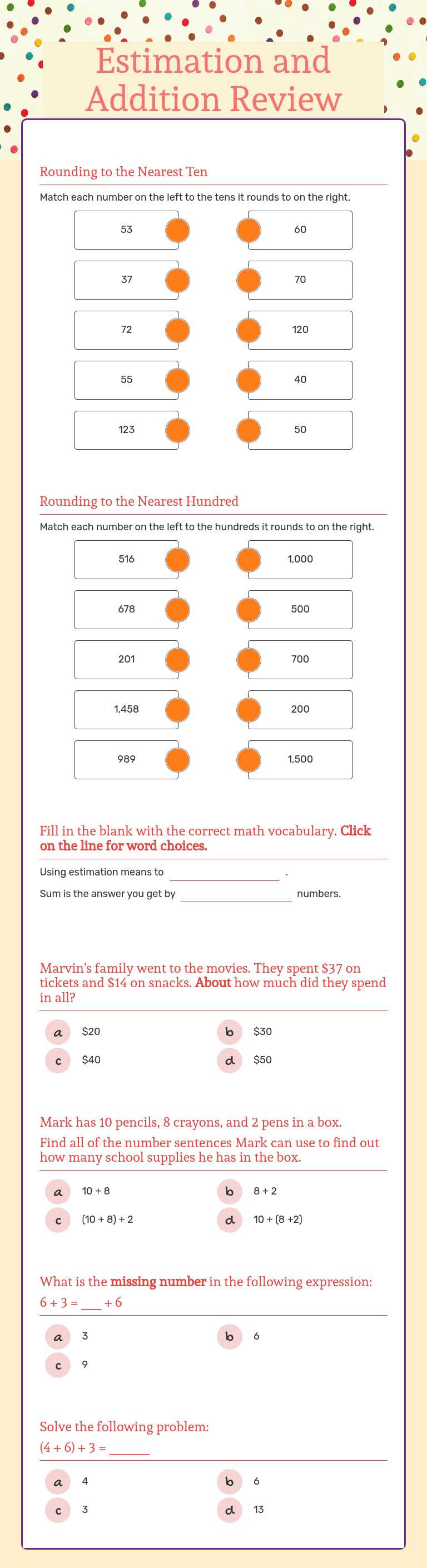 Estimation and Addition Review worksheet preview image