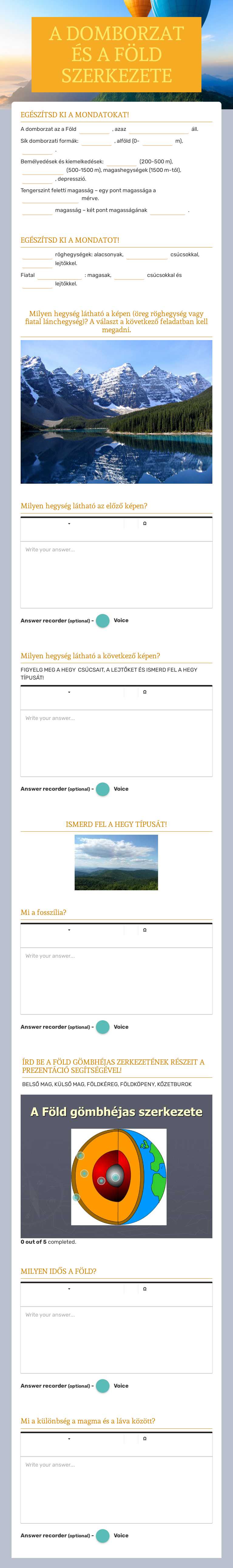 A DOMBORZAT ÉS A FÖLD SZERKEZETE worksheet preview image
