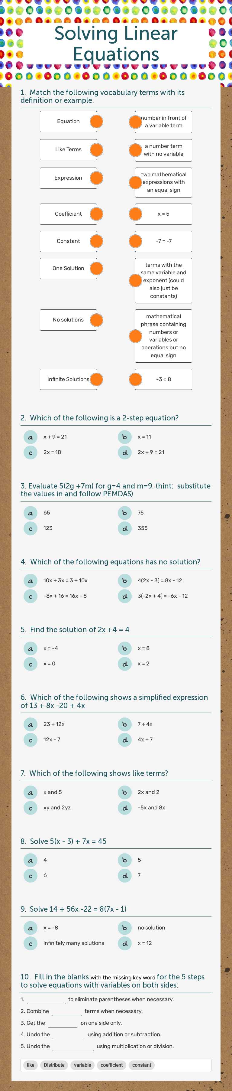 Solving Linear Equations worksheet preview image