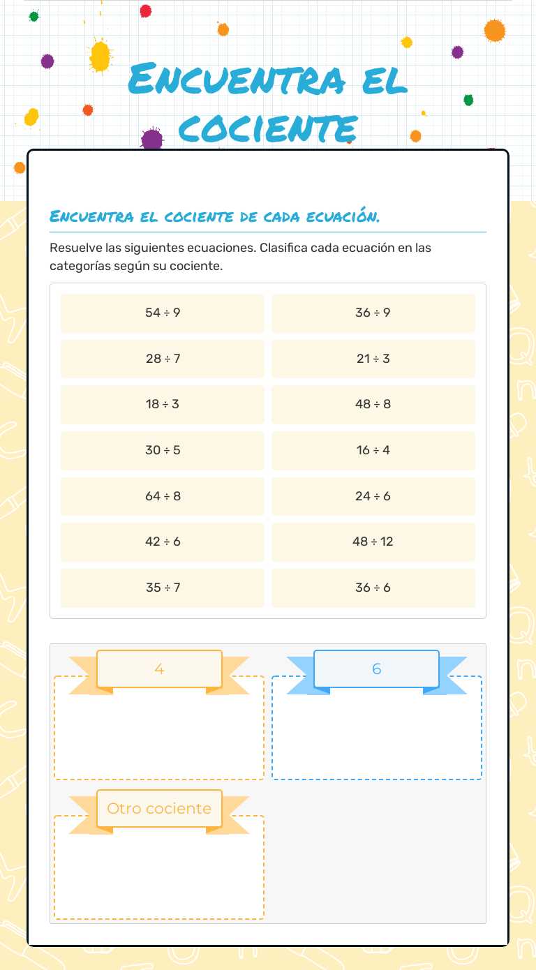 Encuentra el  cociente worksheet preview image