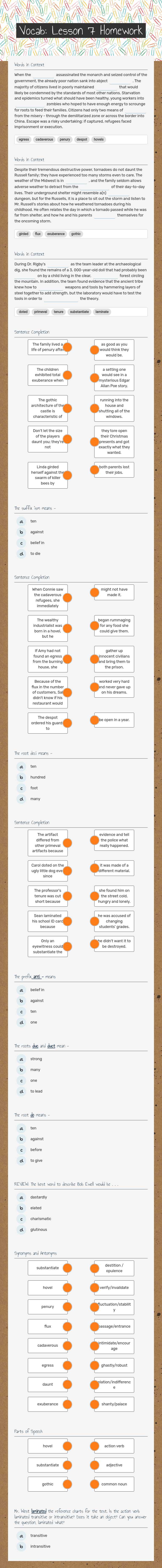 Vocab: Lesson 7 Homework Grade 9 worksheet preview