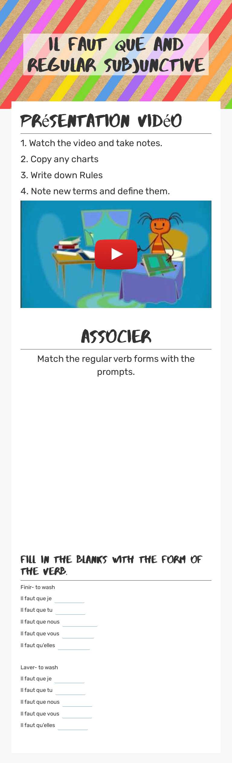 Il faut que and Regular subjunctive worksheet preview image