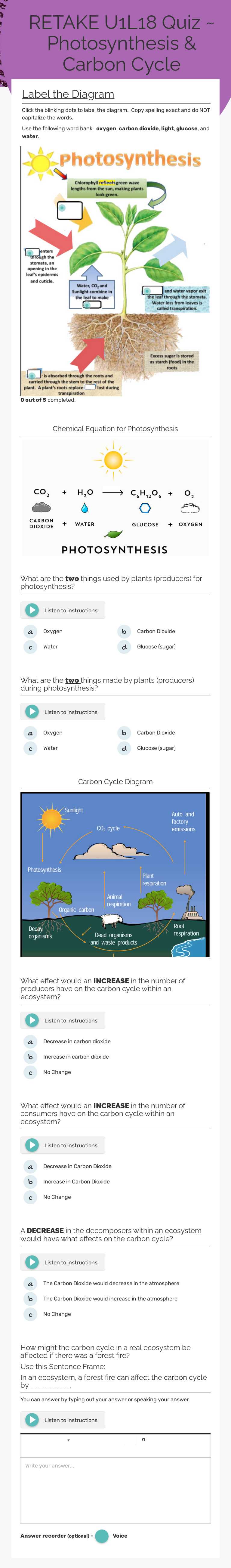 RETAKE U1L18 Quiz ~  Photosynthesis & Carbon Cycle worksheet preview image