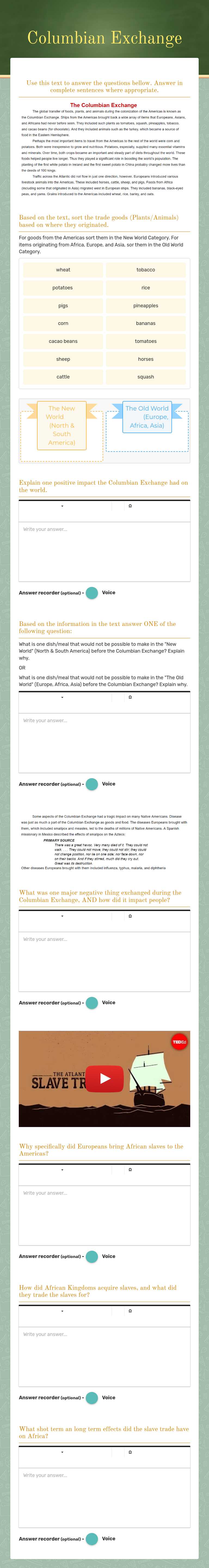 Columbian Exchange worksheet preview image