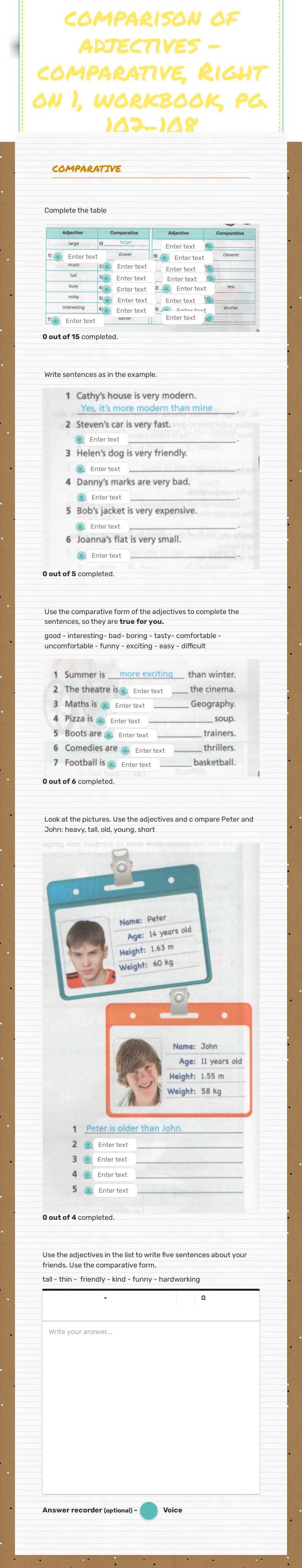 comparison of adjectives - comparative, Right on 1, workbook, pg. 107-108 worksheet preview image