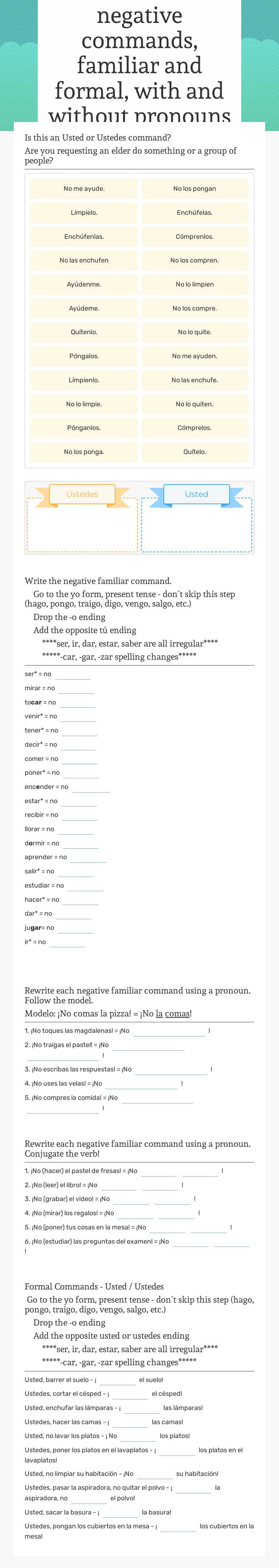 negative commands, familiar and formal, with and without pronouns worksheet preview image