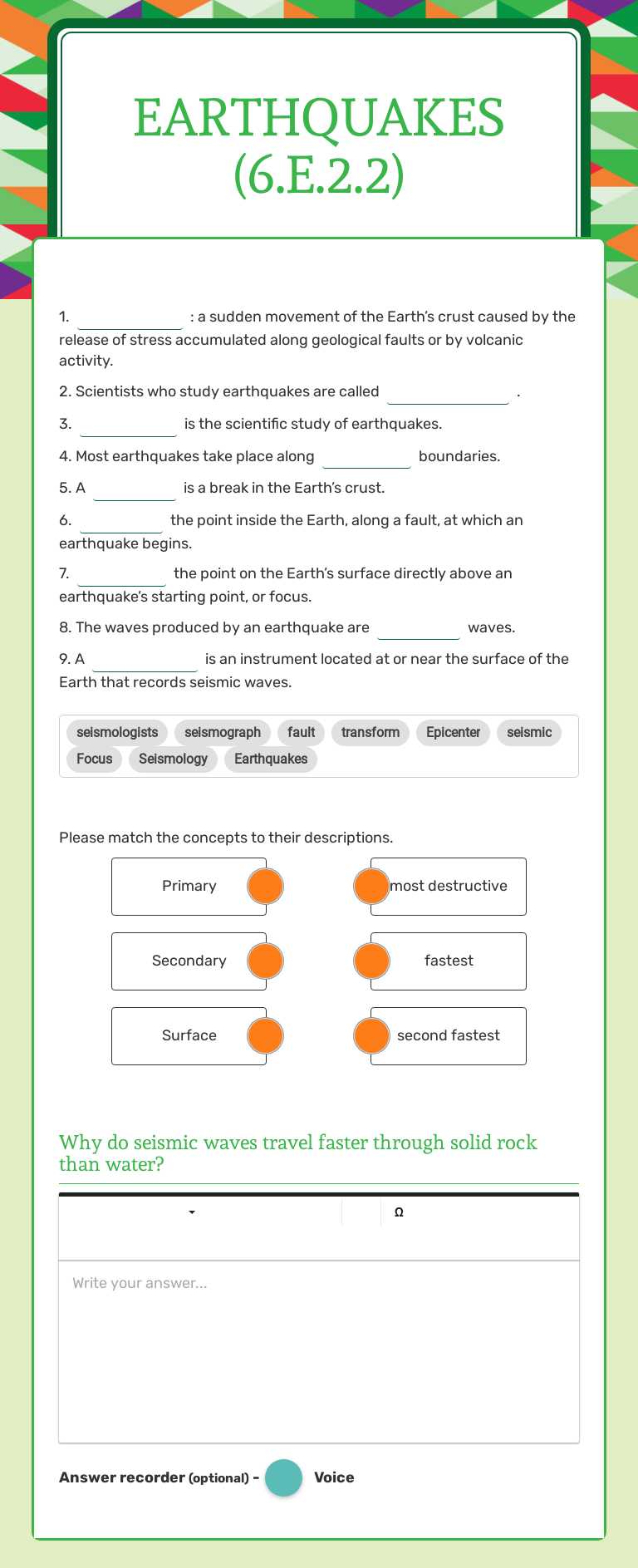 Earthquakes (6.E.2.2) worksheet preview image