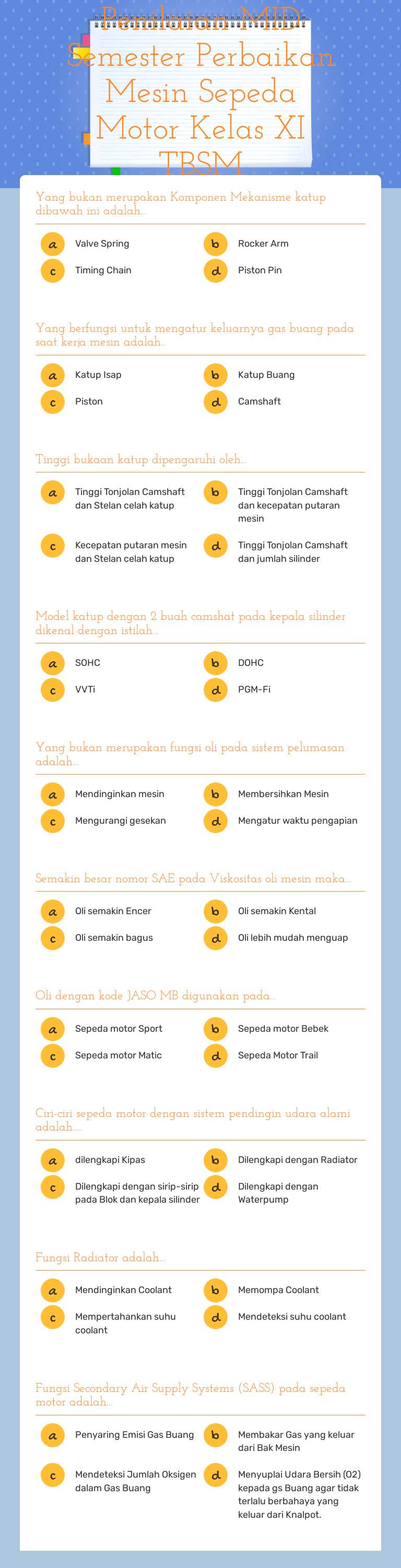 Penilaian            
     MID Semester          Perbaikan Mesin Sepeda Motor Kelas XI TBSM worksheet preview image