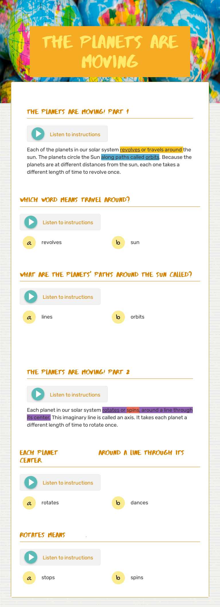The planets are moving worksheet preview image