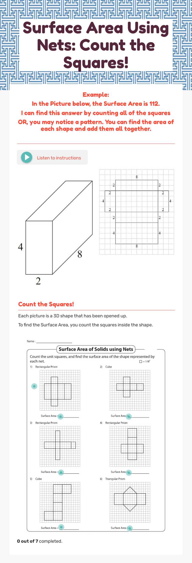 Surface Area Using Nets: Count the Squares! worksheet preview