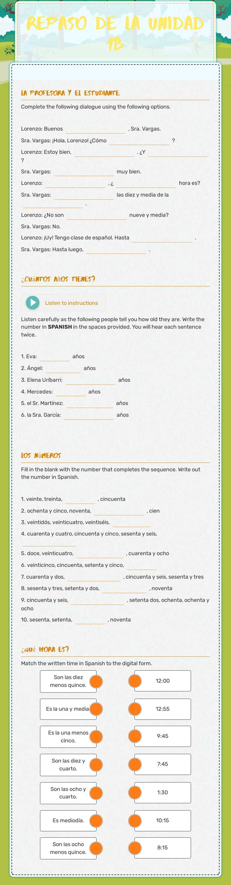 Repaso de la Unidad 1B Grade 10 worksheet preview