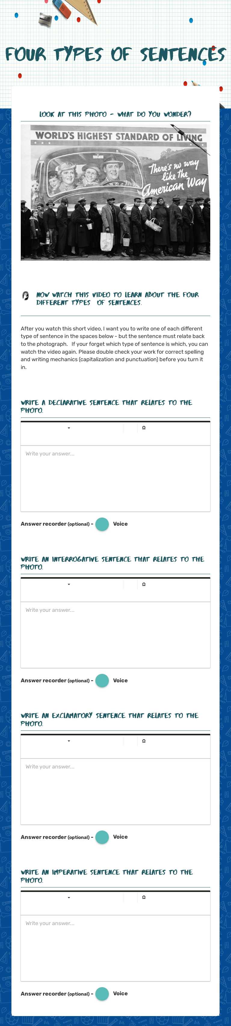 Four Types of Sentences Grade 5 worksheet preview