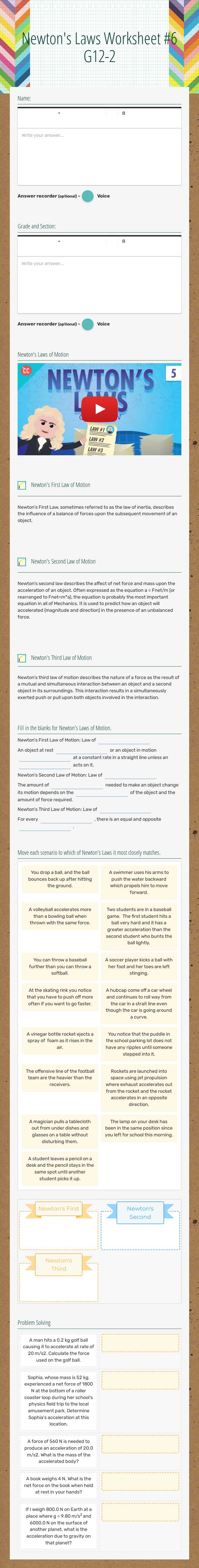 Newton's Laws Worksheet #6 G12-2 worksheet preview image