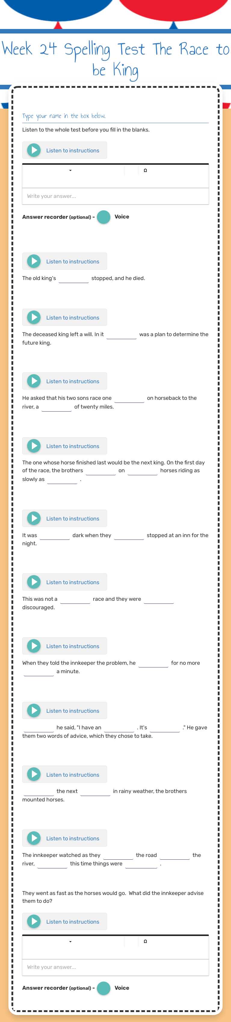 Week 24 Spelling Test
The Race to be King worksheet preview image
