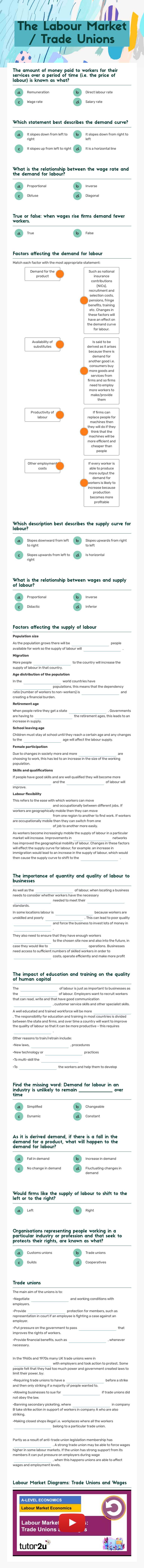The Labour Market / Trade Unions worksheet preview image