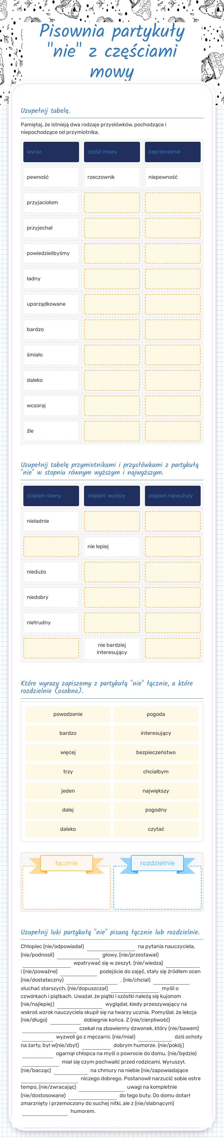 Pisownia partykuły "nie"    z częściami mowy Other worksheet preview