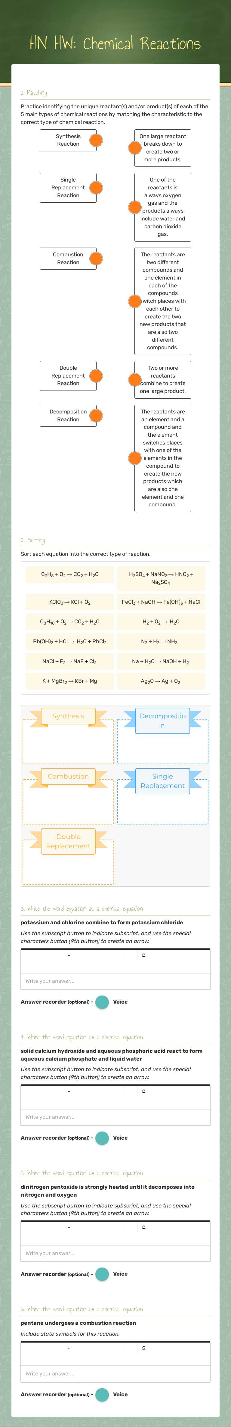 HN HW: Chemical Reactions worksheet preview image