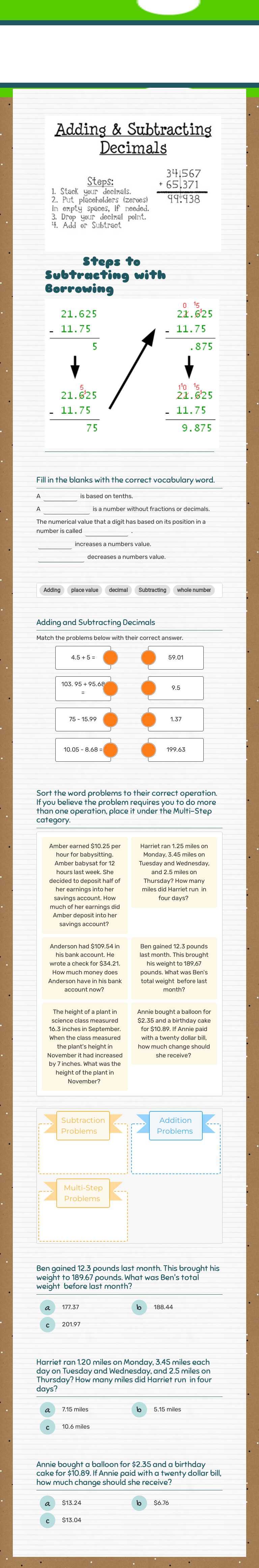 Adding and Subtracting Decimals worksheet preview