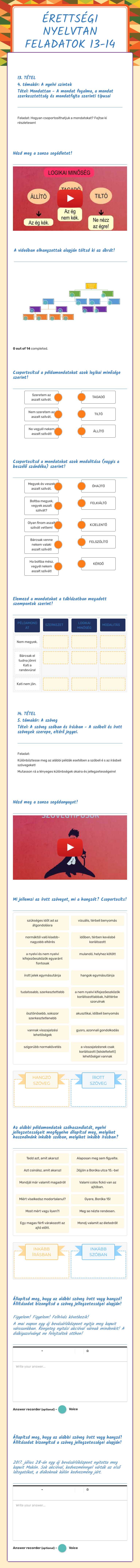 Érettségi nyelvtan feladatok 13-14 worksheet preview image