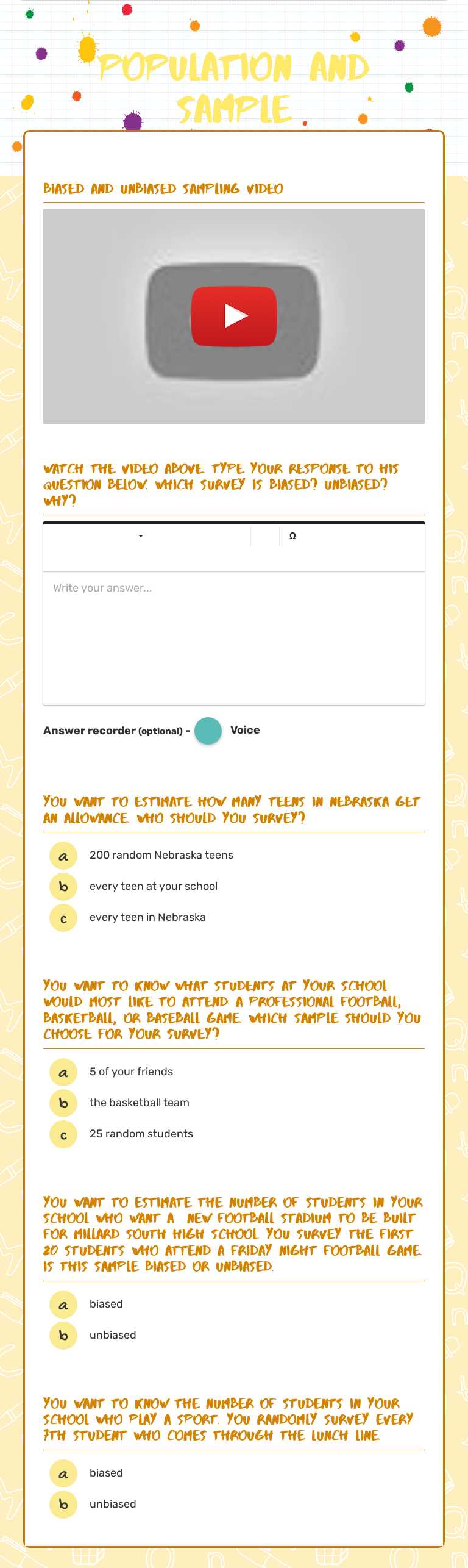 Population and Sample Grade 6 worksheet preview