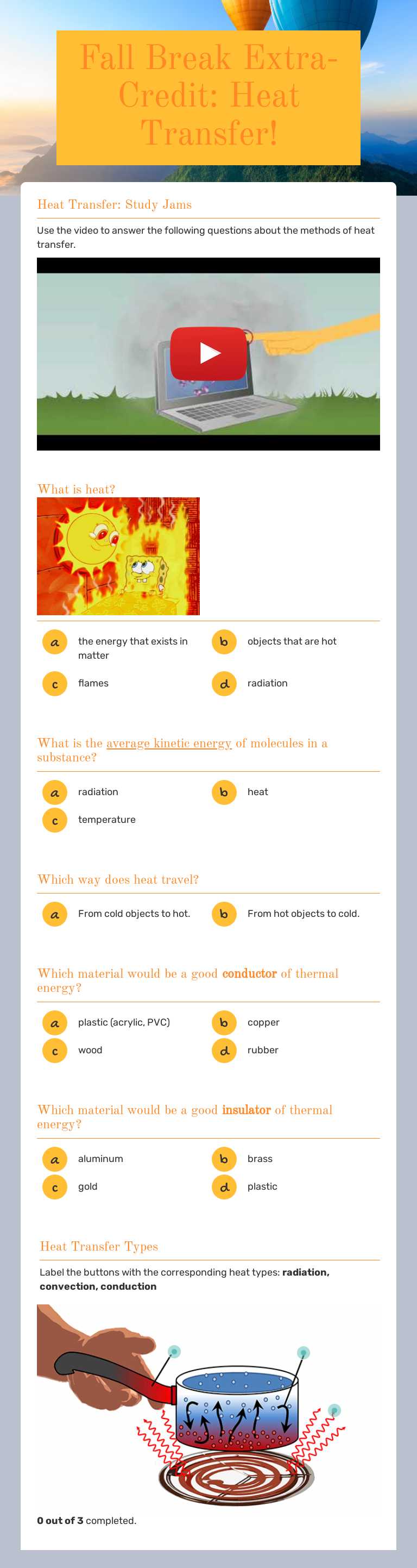 Fall Break Extra-Credit: Heat Transfer! Grade 6 worksheet preview
