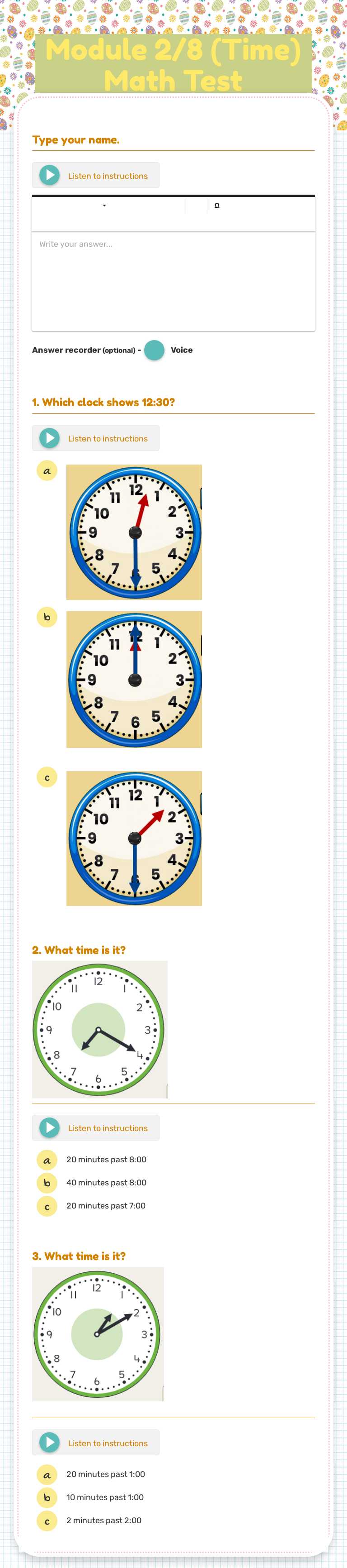 Module 2/8 (Time) Math Test worksheet preview image