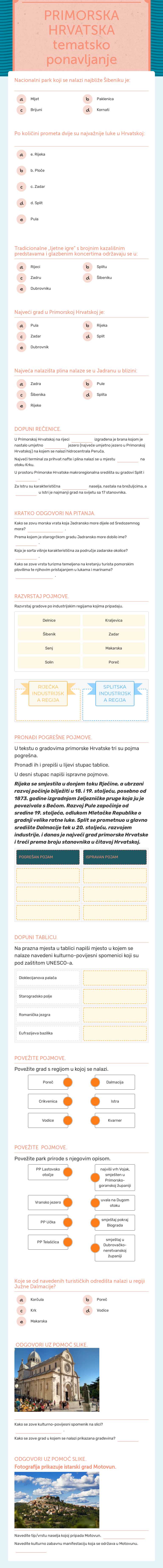 PRIMORSKA HRVATSKA tematsko ponavljanje worksheet preview image