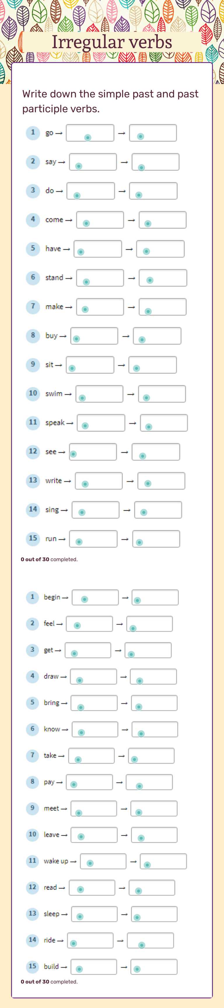 Irregular verbs worksheet preview image