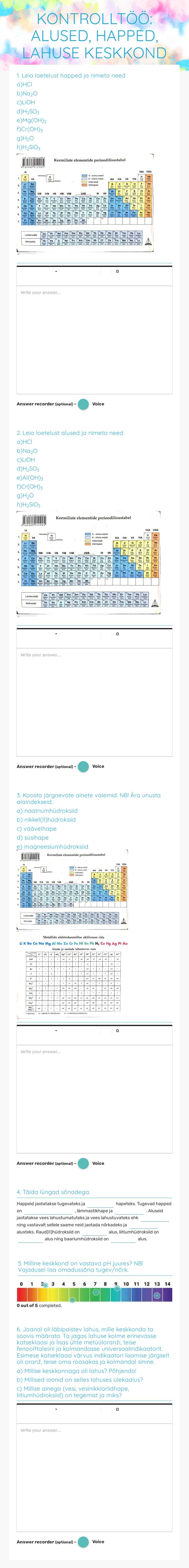 KONTROLLTÖÖ: ALUSED, HAPPED, LAHUSE KESKKOND worksheet preview image