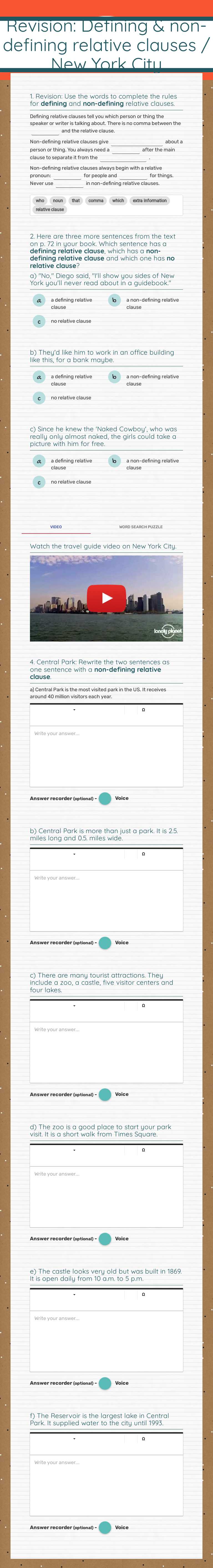 Revision: Defining & non-defining
relative clauses / New York City worksheet preview image