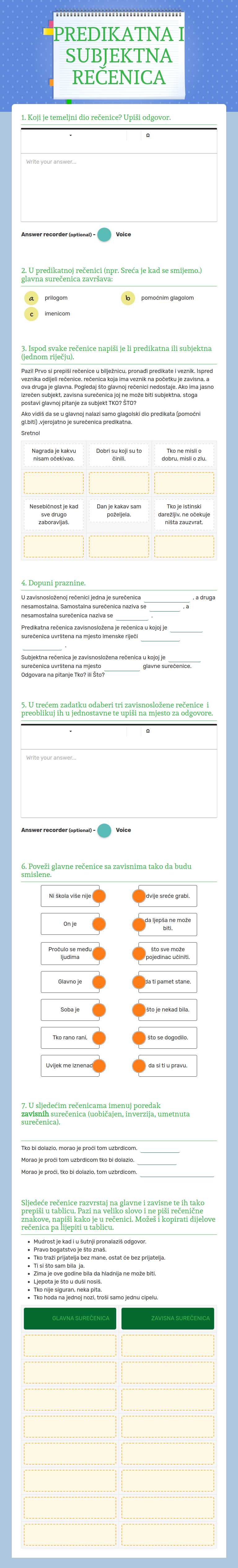PREDIKATNA I SUBJEKTNA REČENICA Grade 7 worksheet preview
