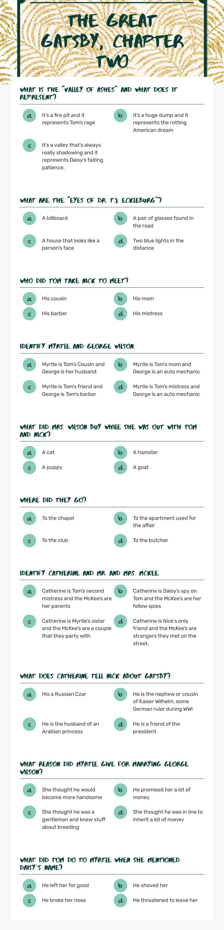 The Great Gatsby, Chapter Two Grade 11 worksheet preview