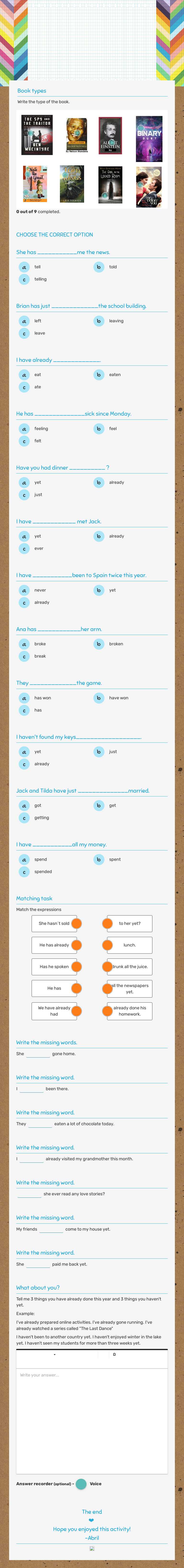 PRESENT PERFECT (Yet/already) - Books Capuchinos 4th A worksheet preview image