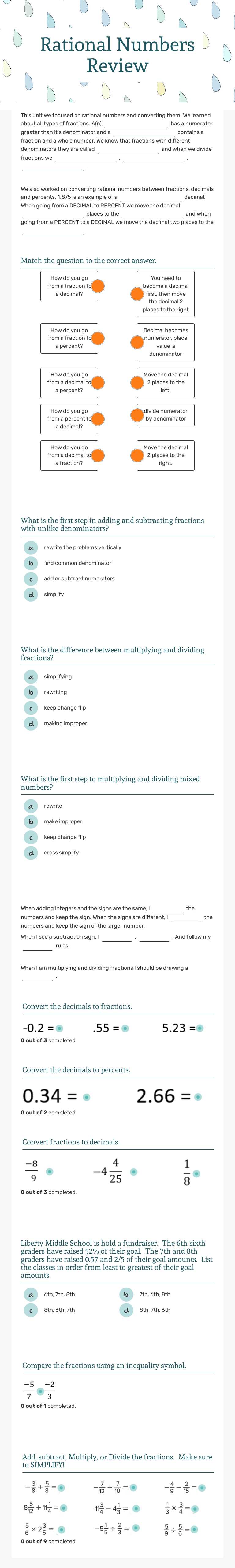 Rational Numbers Review worksheet preview image