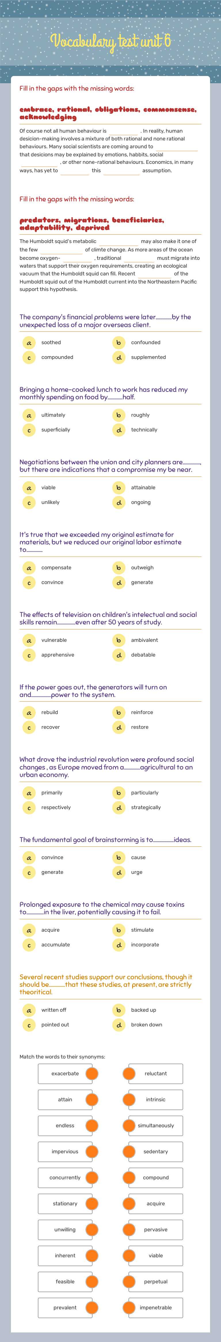 Vocabulary test unit 6 worksheet preview image