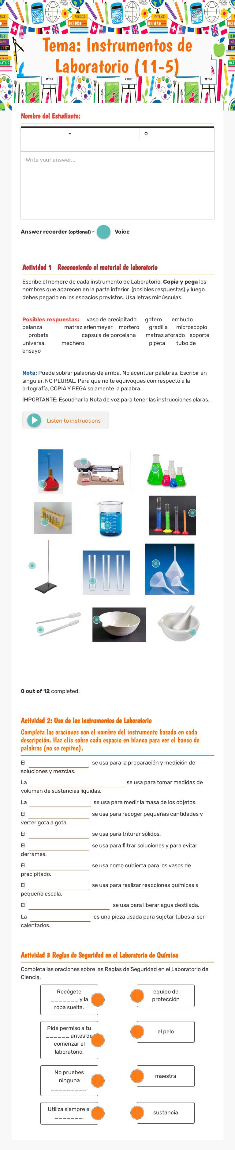 Tema: Instrumentos de Laboratorio (11-5) worksheet preview image