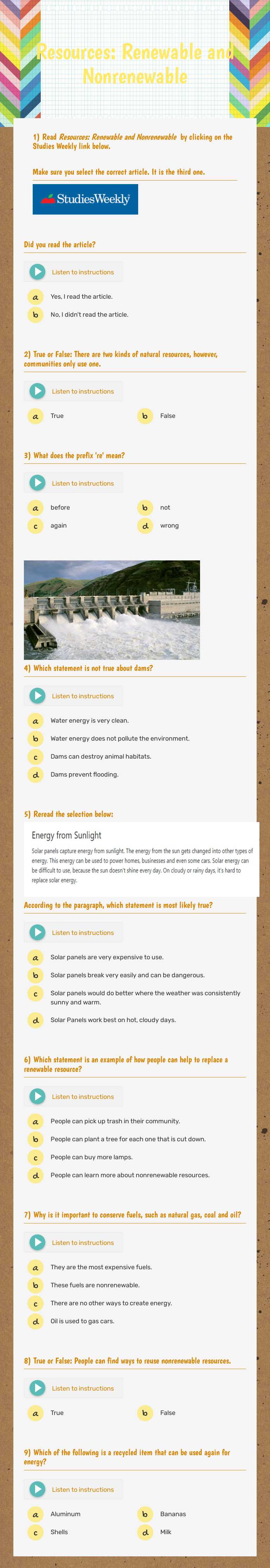 Resources: Renewable and Nonrenewable Grade 3 worksheet preview