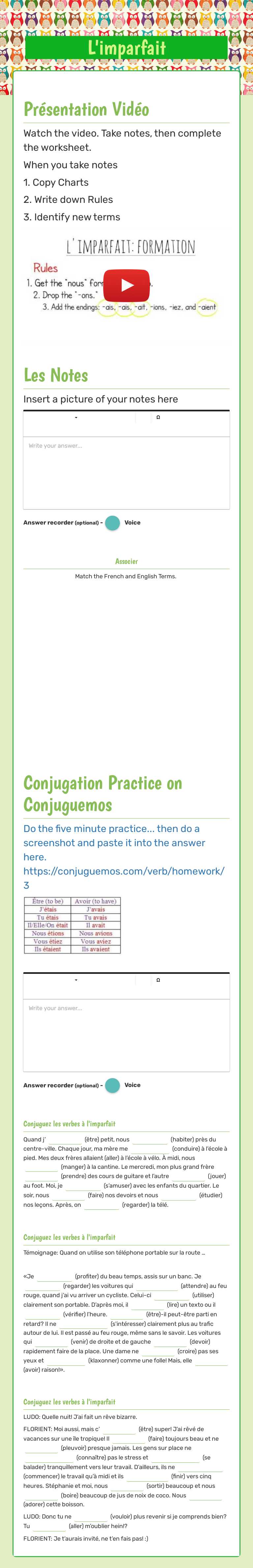 L'imparfait worksheet preview image