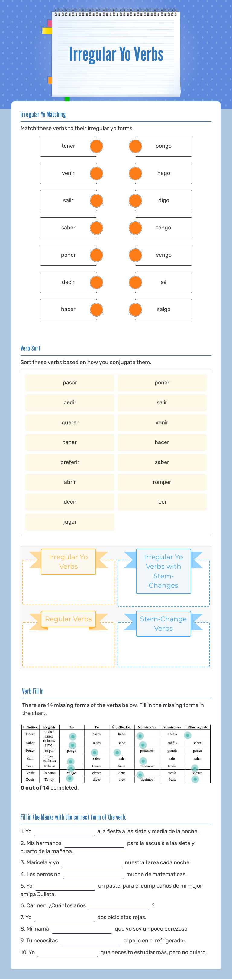 Irregular Yo Verbs worksheet preview image