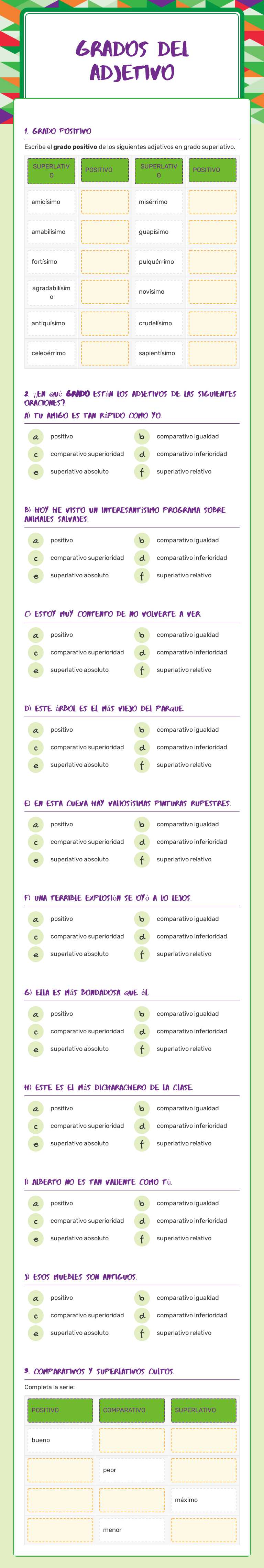 grados del adjetivo worksheet preview image