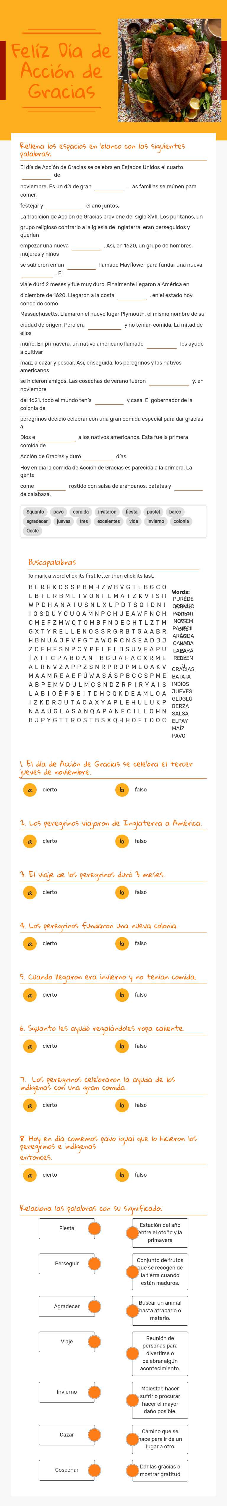 Felíz Día de Acción de  Gracias worksheet preview image