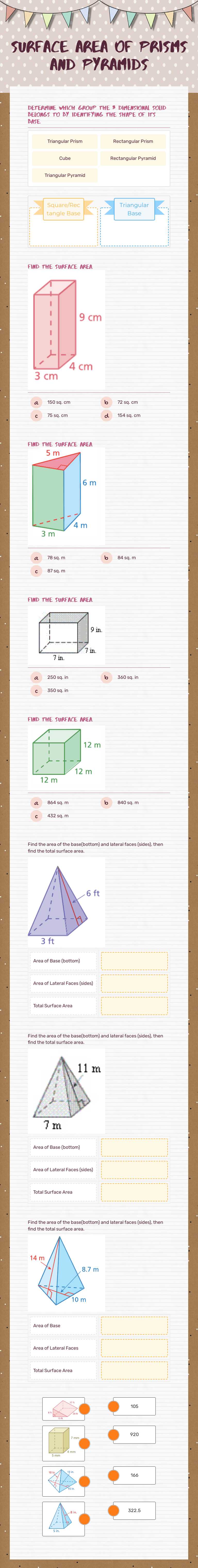 Surface area of prisms and pyramids worksheet preview image