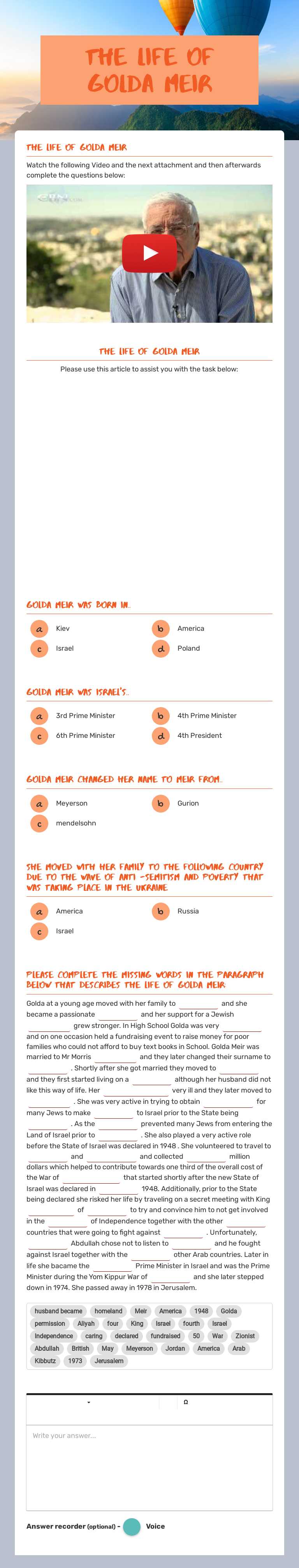 The life of Golda Meir Grade 8 worksheet preview