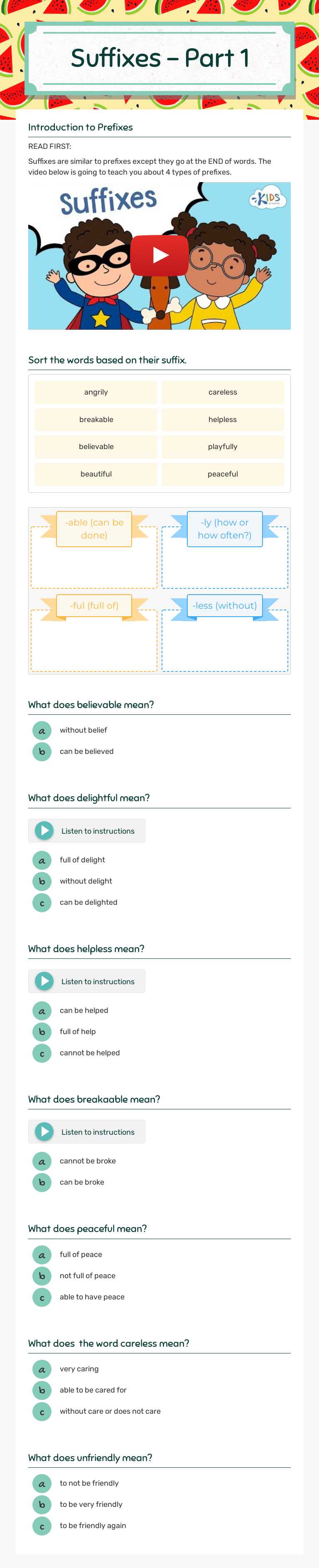 Suffixes - Part 1 worksheet preview image