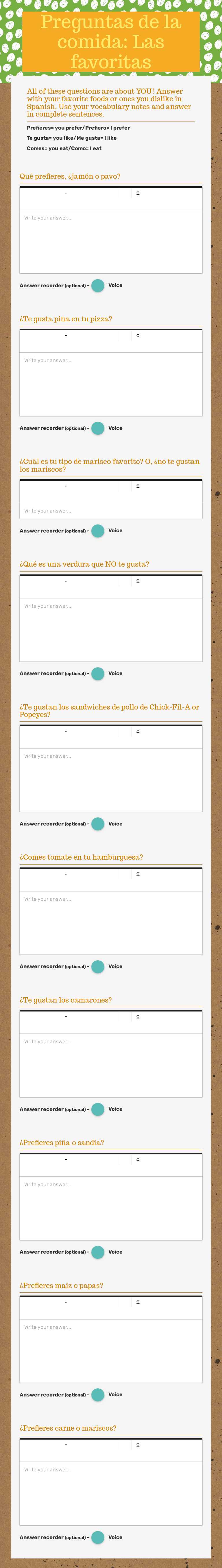 Preguntas de la comida: Las favoritas Grade 8 worksheet preview