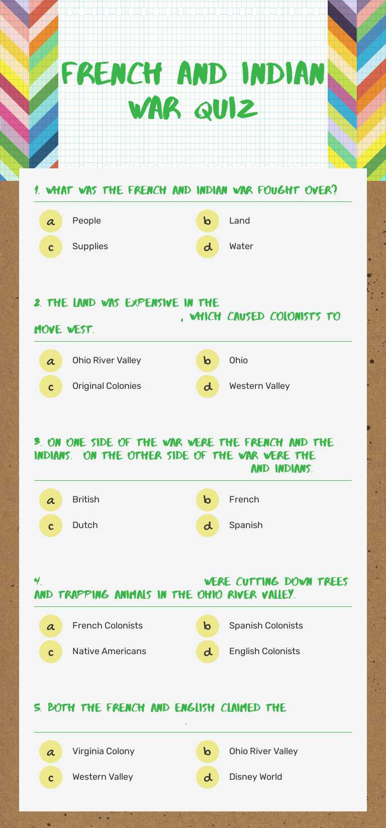 French and indian war quiz Grade 6 worksheet preview