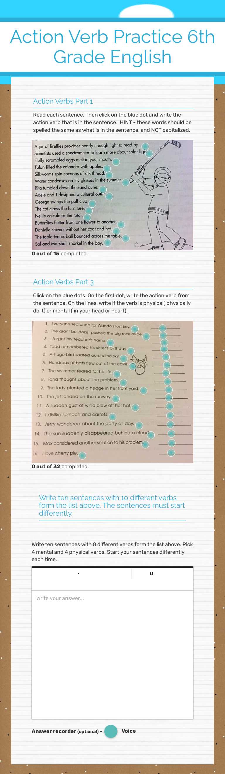 Action Verb Practice
6th Grade English worksheet preview image