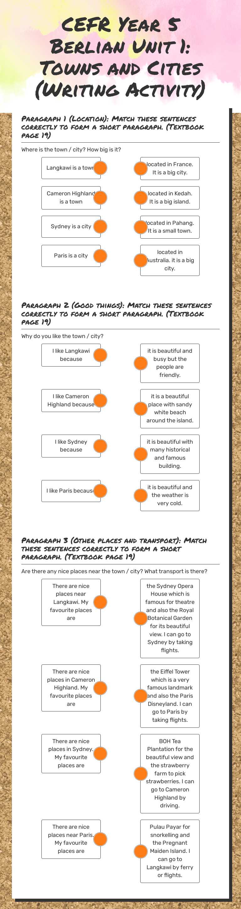 CEFR Year 5 Berlian Unit 1: Towns and Cities (Writing Activity) worksheet preview image