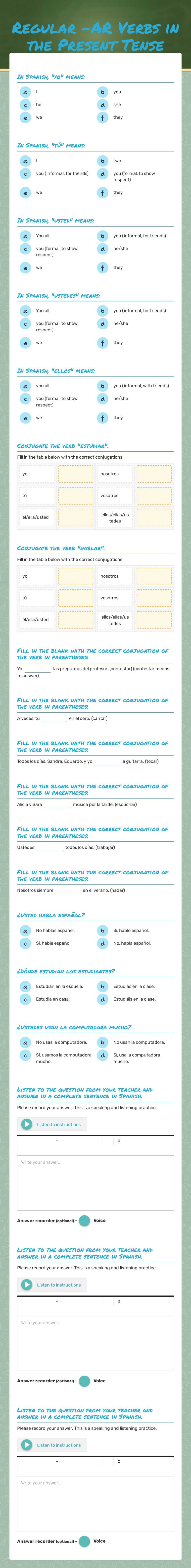 Regular -AR Verbs in the Present Tense Grade 7 worksheet preview