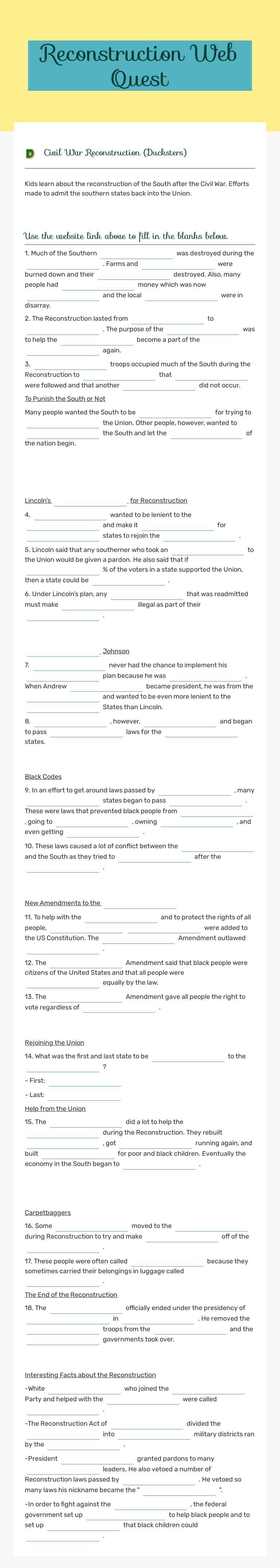 Reconstruction Web Quest worksheet preview image